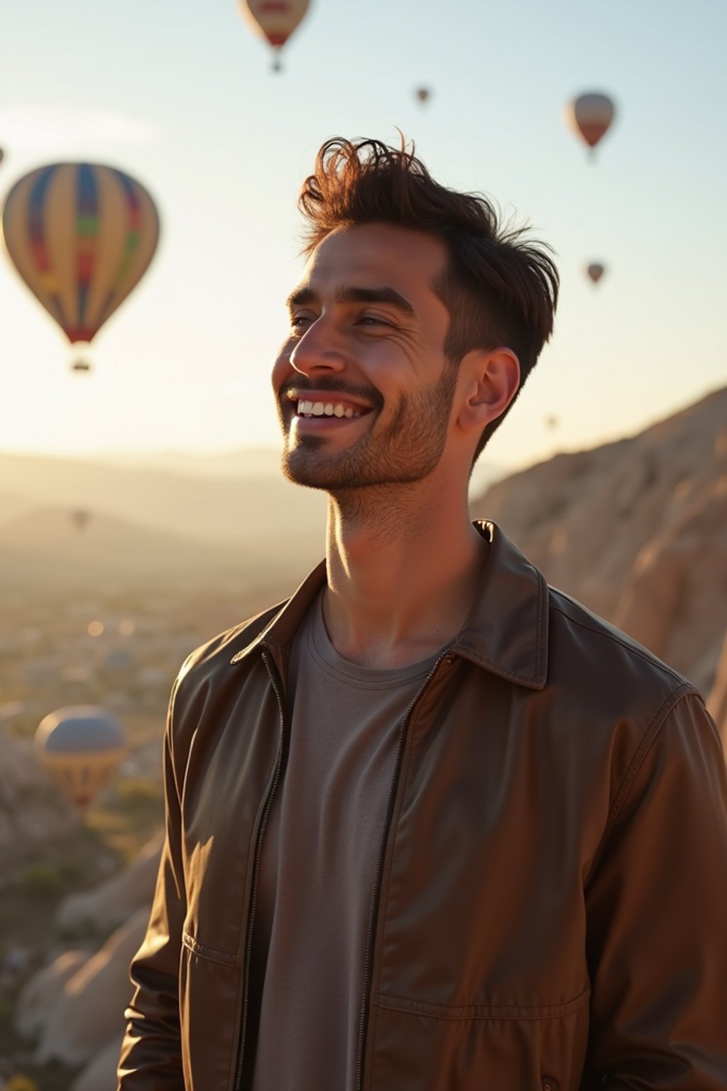 Breathtakingly man with hot air balloons in the background in cappadocia, Türkiye. Cappadocia, Turkey