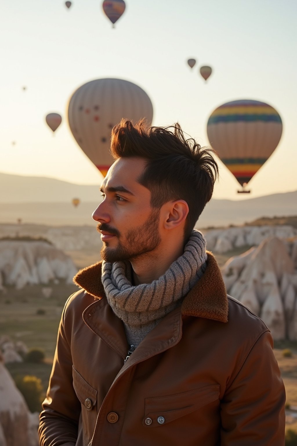 Breathtakingly man with hot air balloons in the background in cappadocia, Türkiye. Cappadocia, Turkey