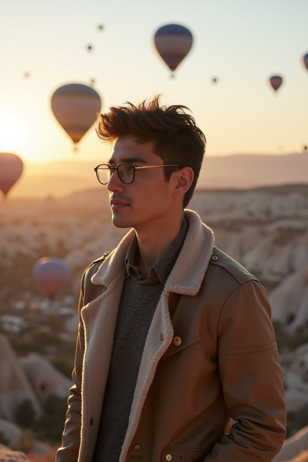 Breathtakingly man with hot air balloons in the background in cappadocia, Türkiye. Cappadocia, Turkey