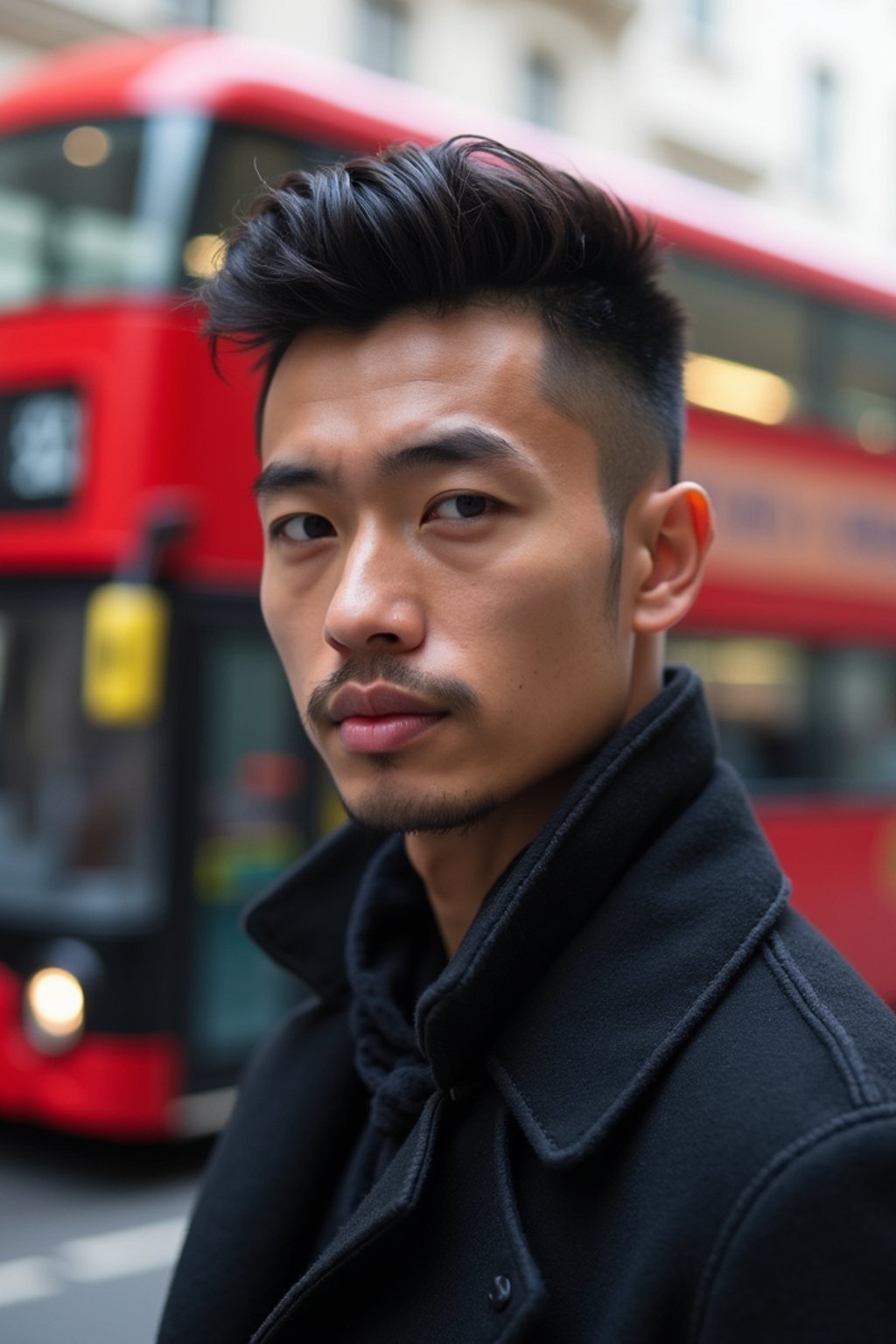 man in London with Double Decker Bus in background