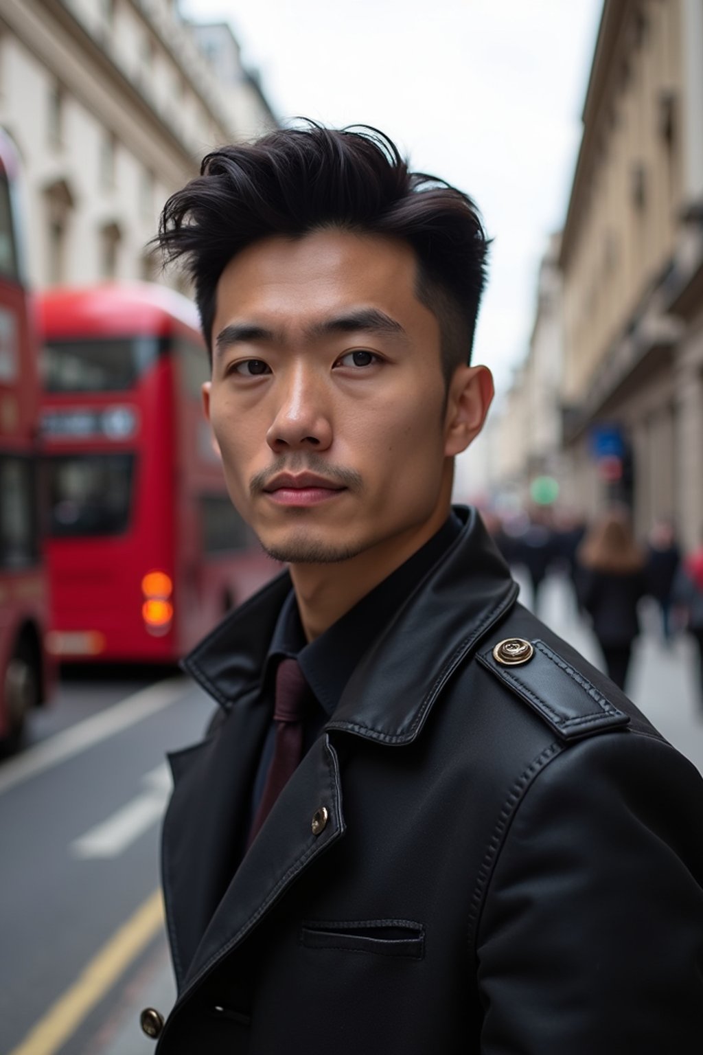 man in London with Double Decker Bus in background