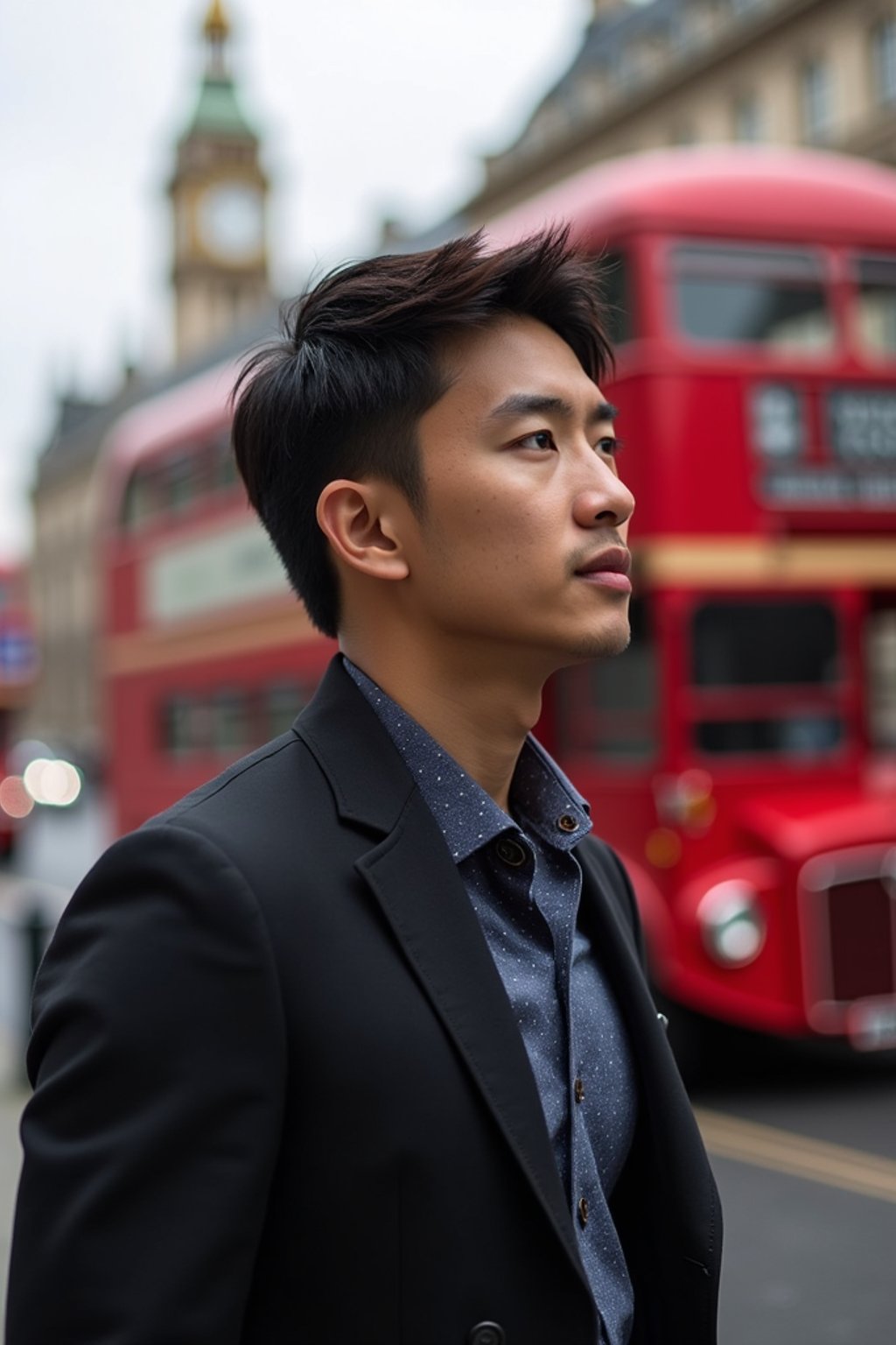 man in London with Double Decker Bus in background