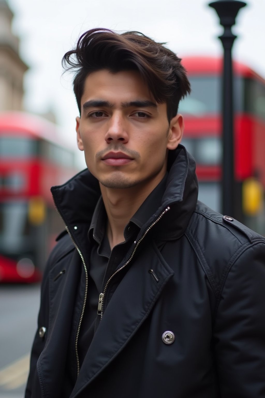 man in London with Double Decker Bus in background