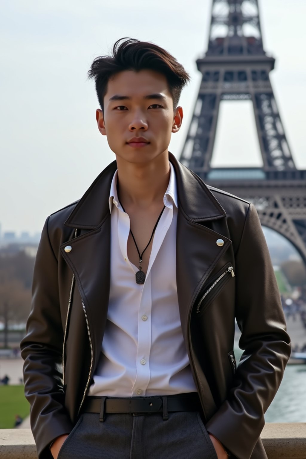 man in Paris with the Eiffel Tower in background