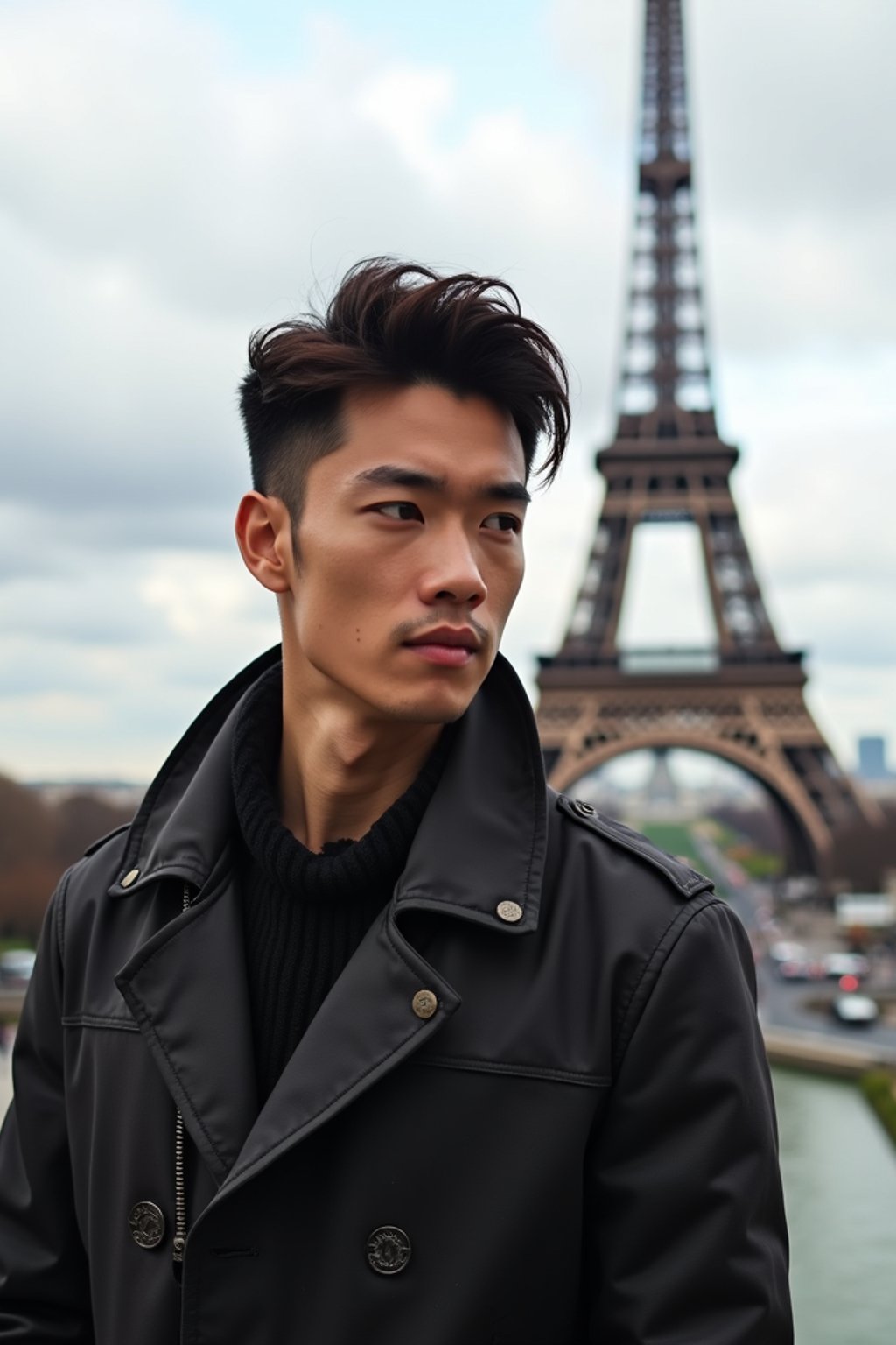 man in Paris with the Eiffel Tower in background