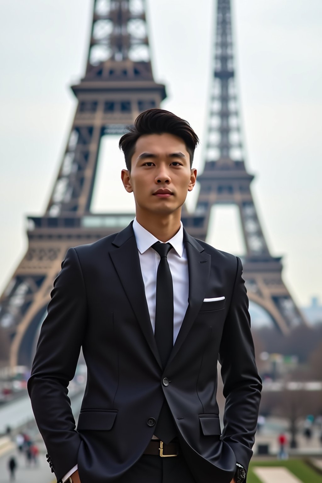 man in Paris with the Eiffel Tower in background