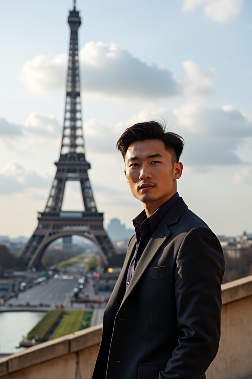 man in Paris with the Eiffel Tower in background