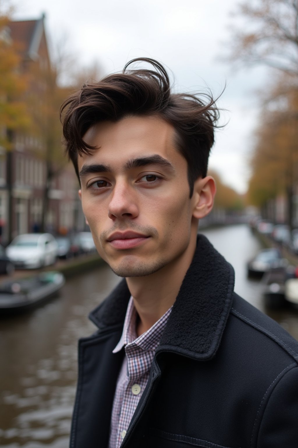 man in Amsterdam with the Amsterdam Canals in background