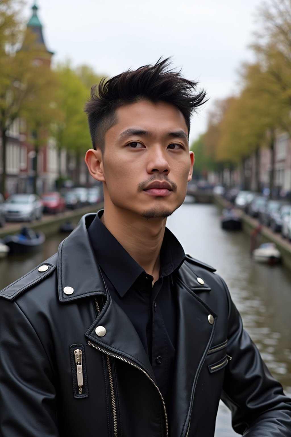 man in Amsterdam with the Amsterdam Canals in background