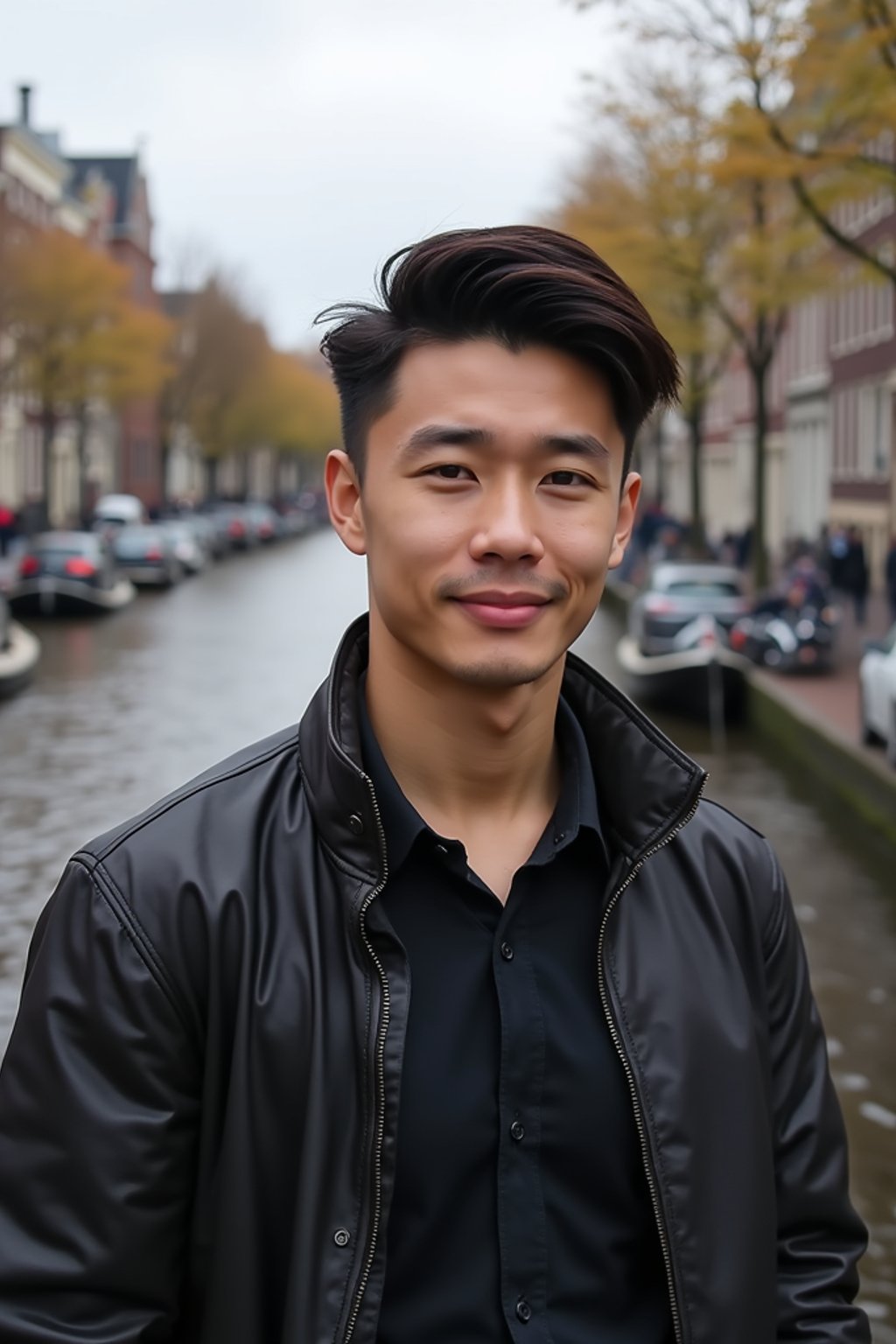 man in Amsterdam with the Amsterdam Canals in background