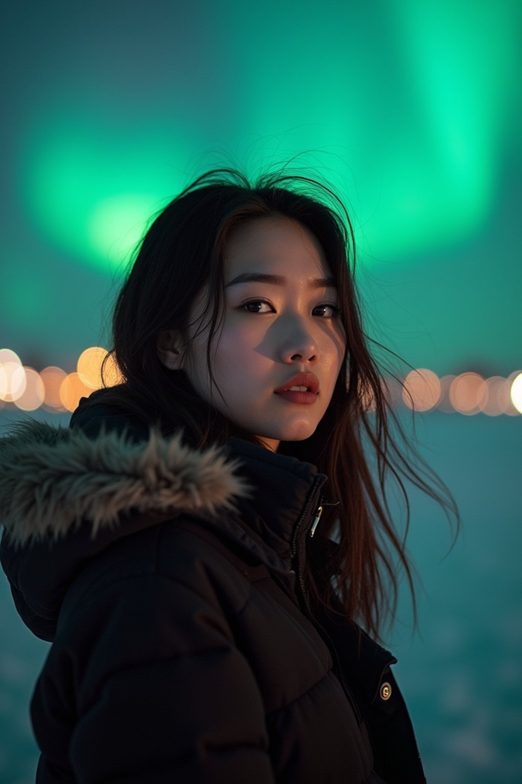 woman in Reykjavik with the Northern Lights in the background