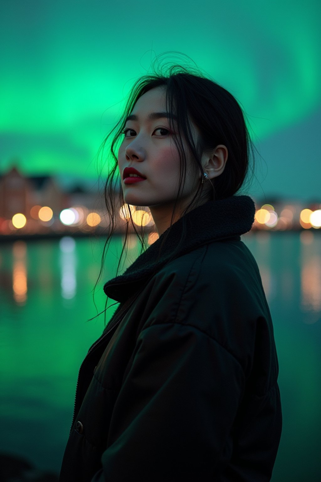 woman in Reykjavik with the Northern Lights in the background