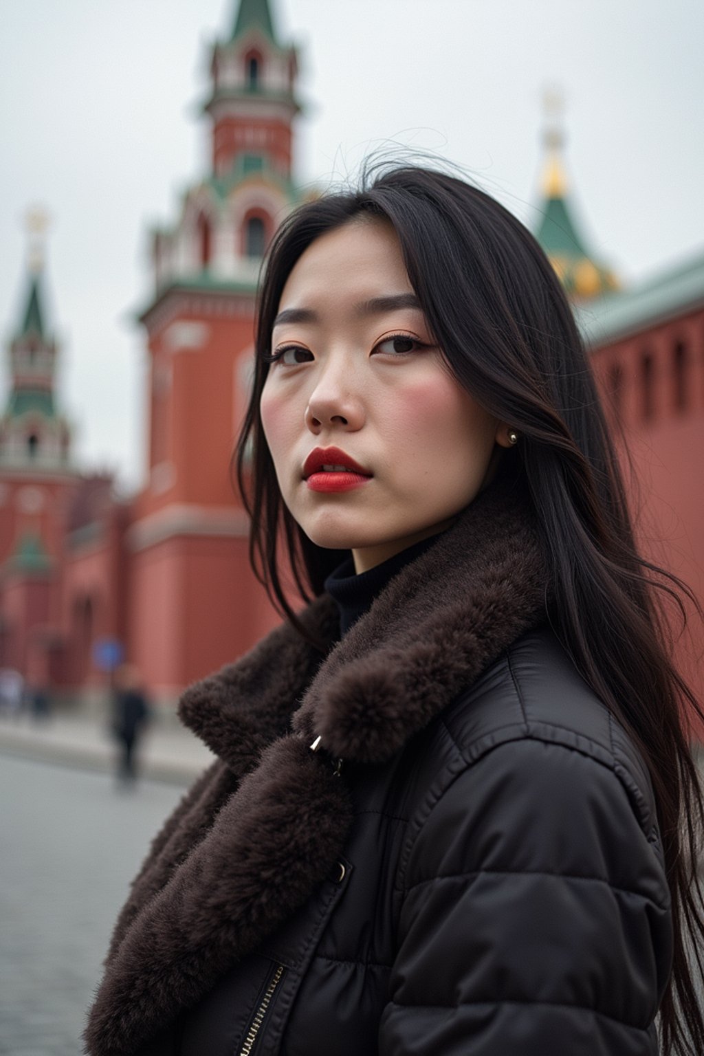 woman in Moscow with the Kremlin in the background