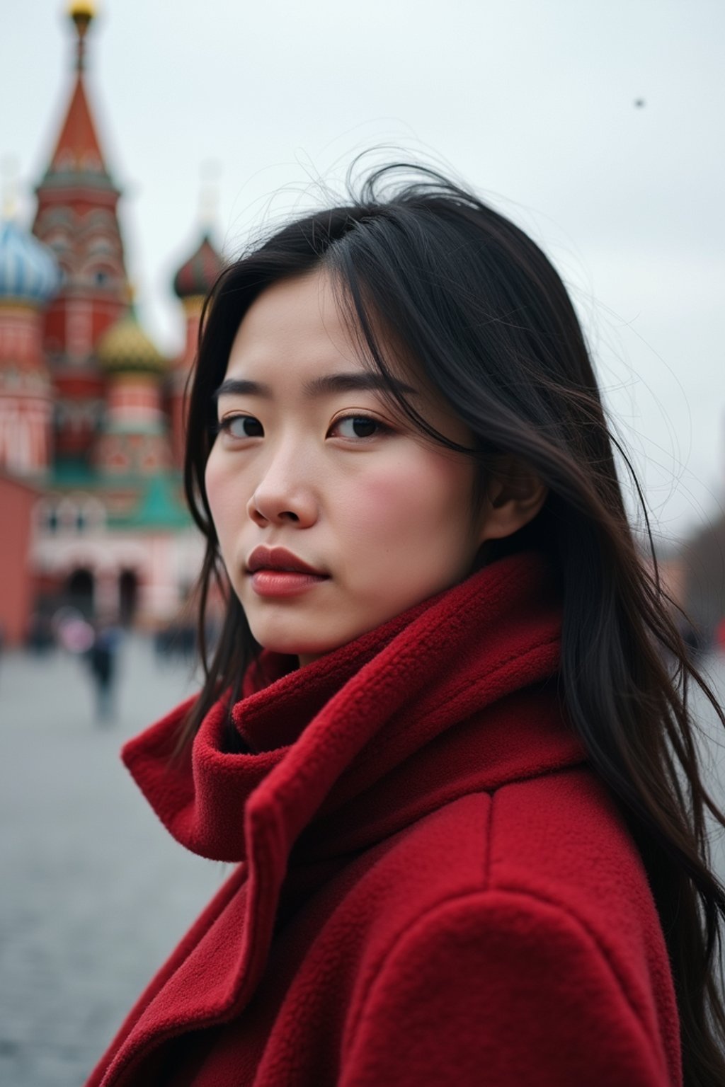 woman in Moscow with the Kremlin in the background