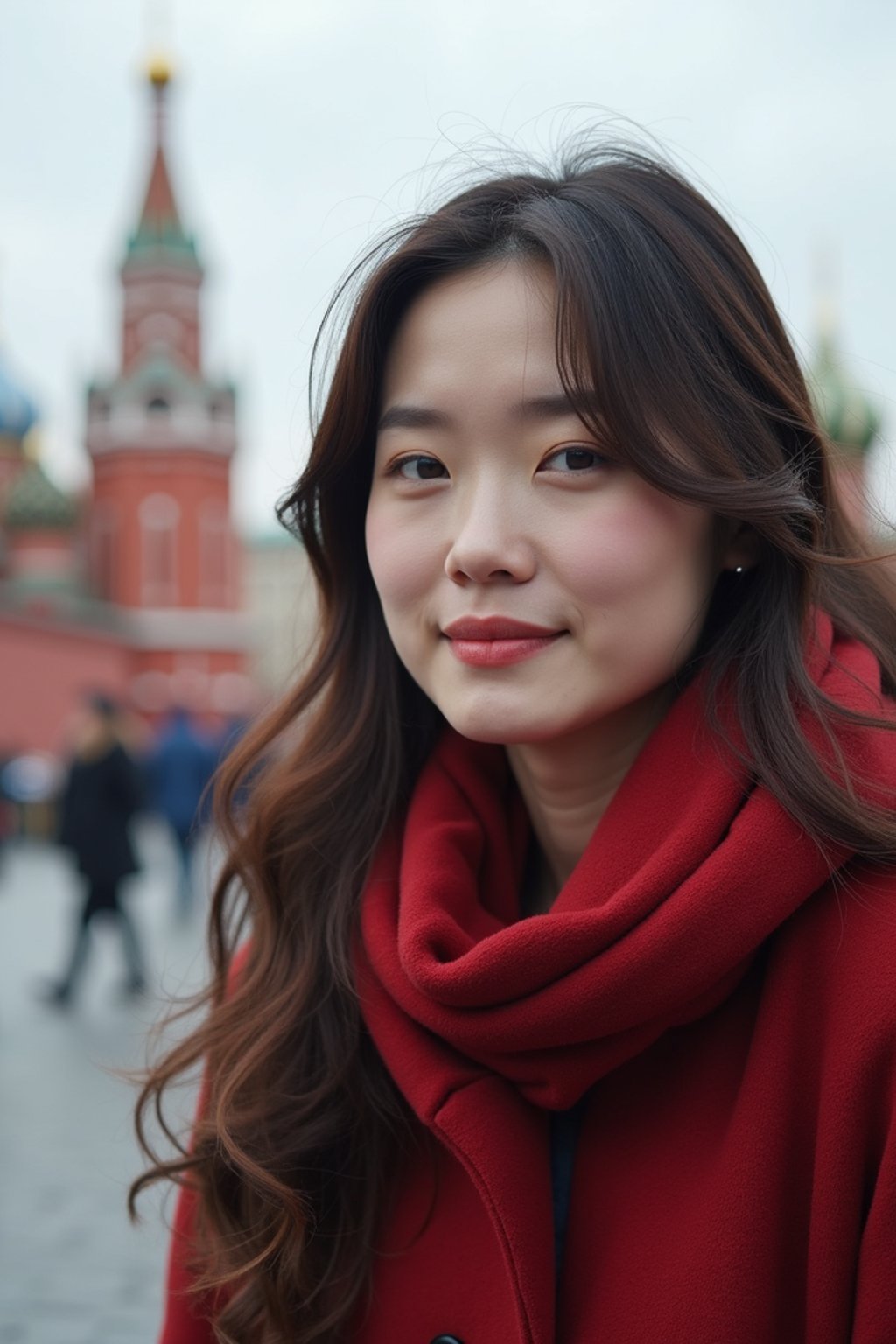 woman in Moscow with the Kremlin in the background