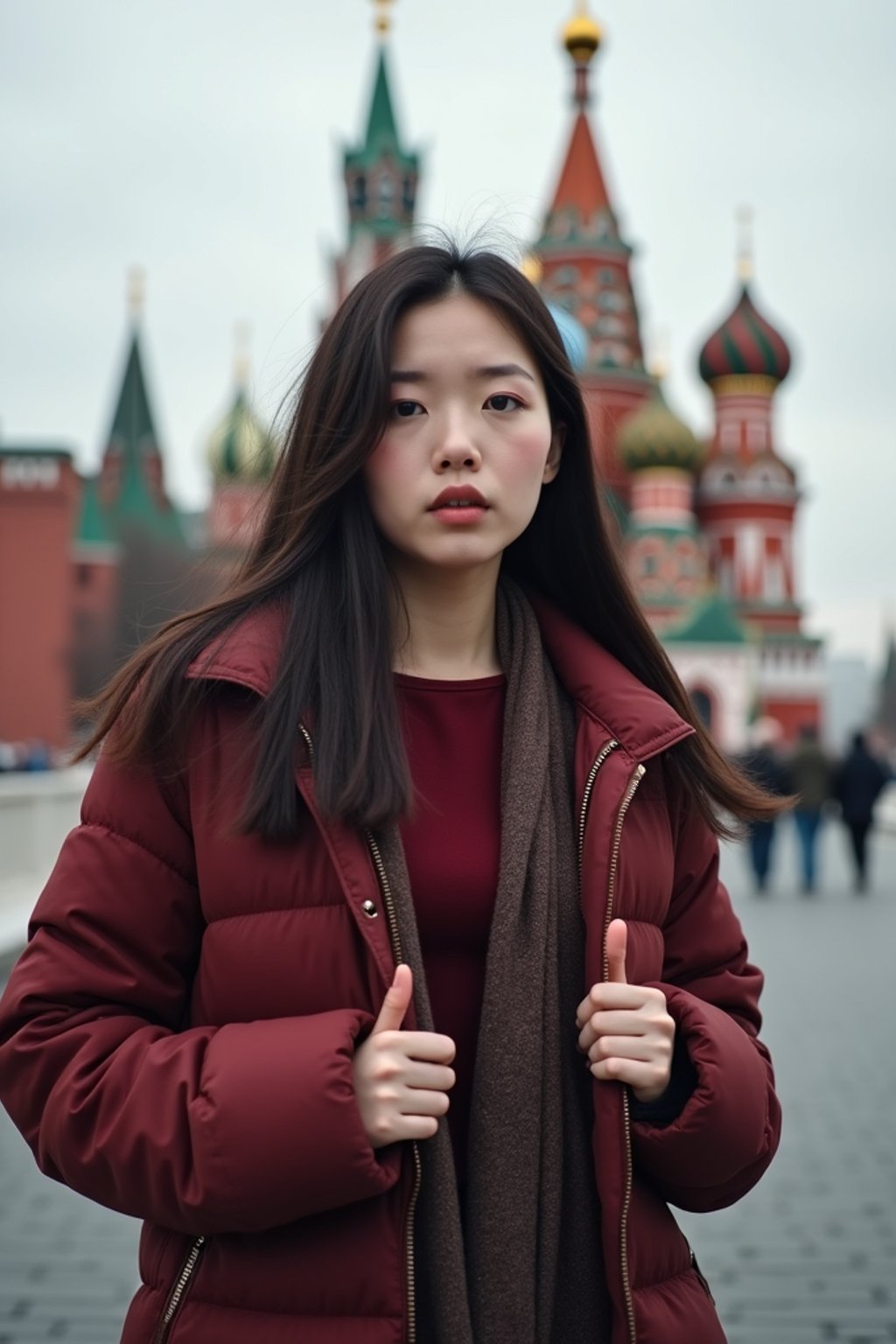 woman in Moscow with the Kremlin in the background