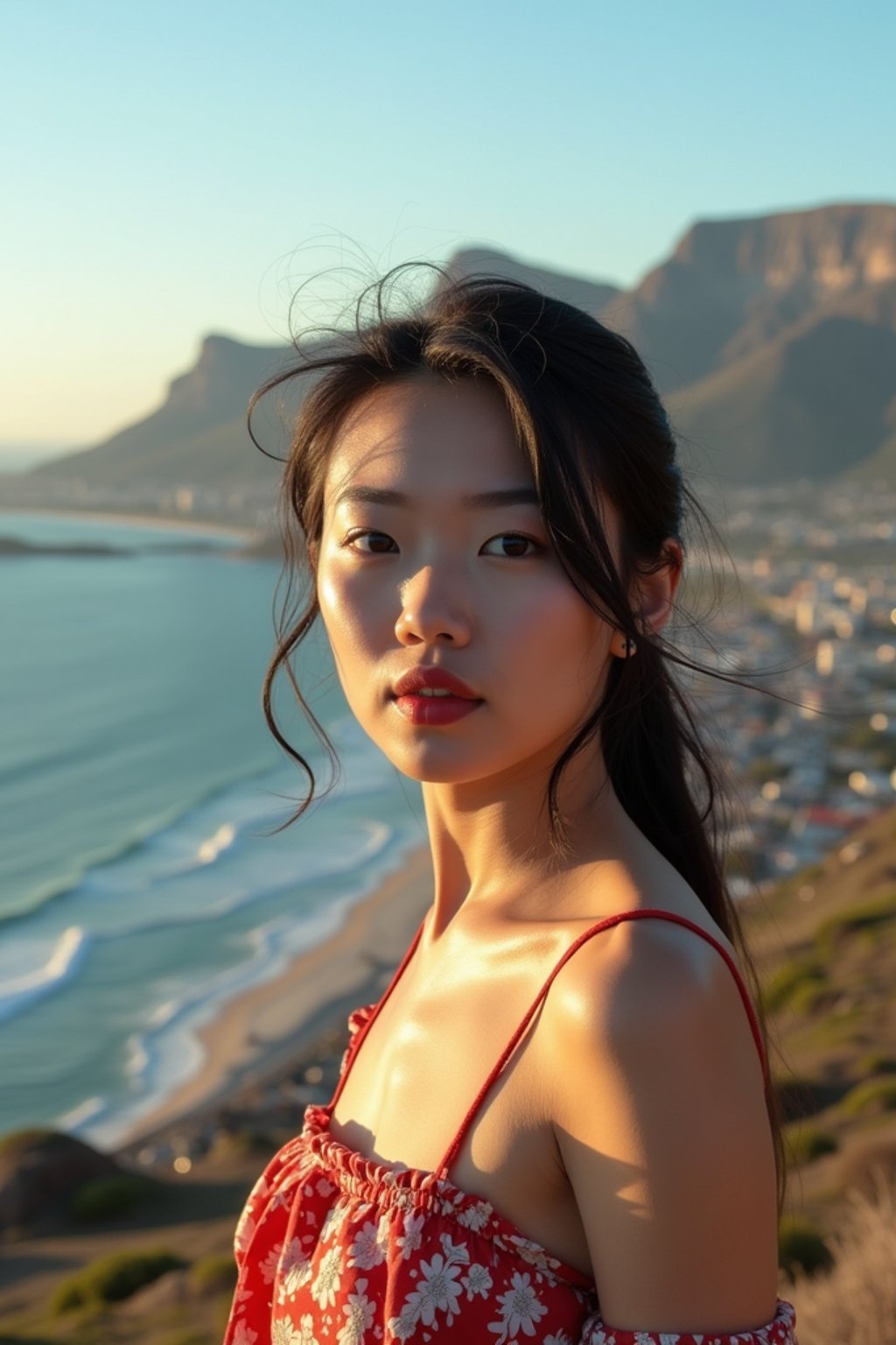 woman in Cape Town with the Table Mountain in the background