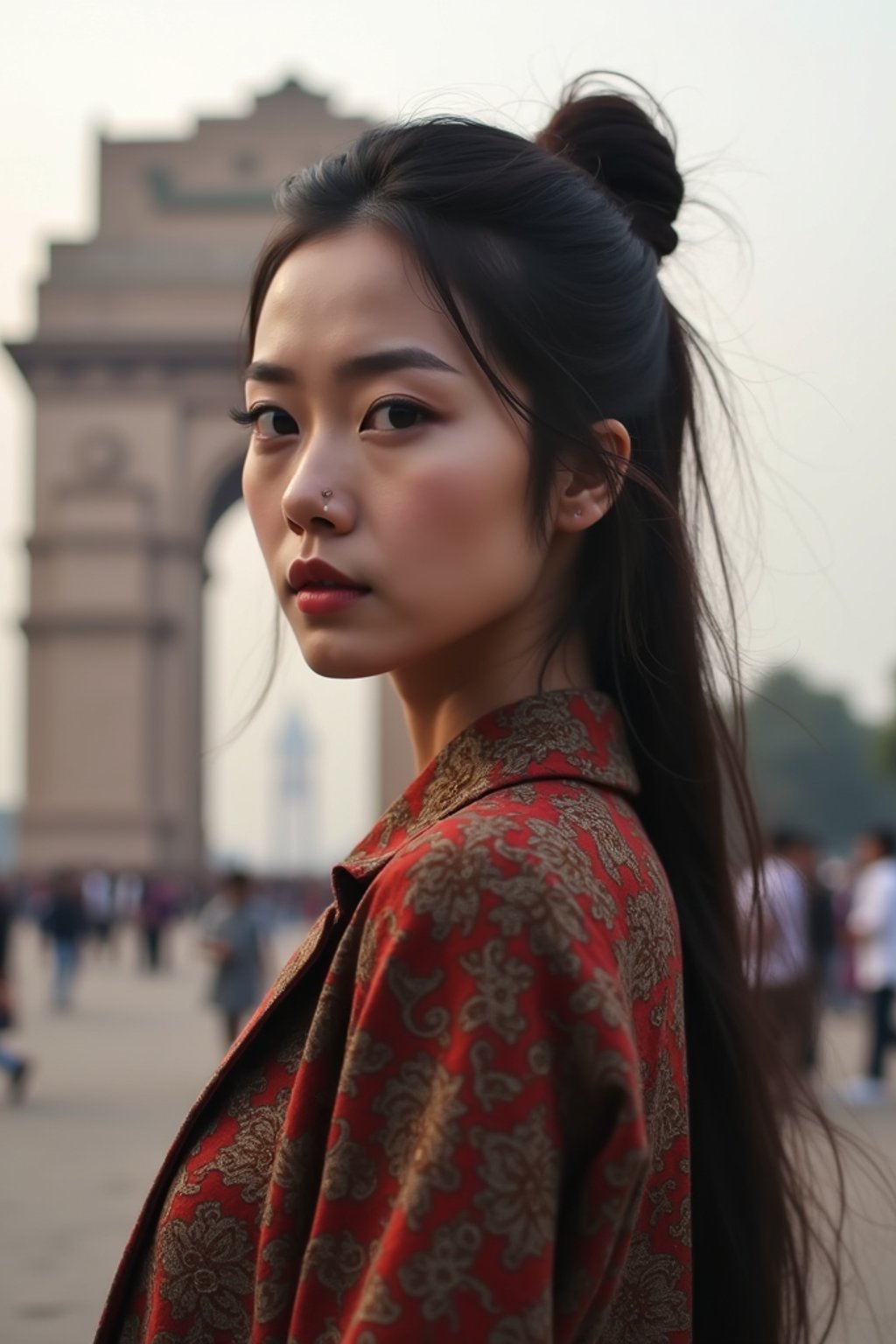 woman in Delhi with the India Gate in the background