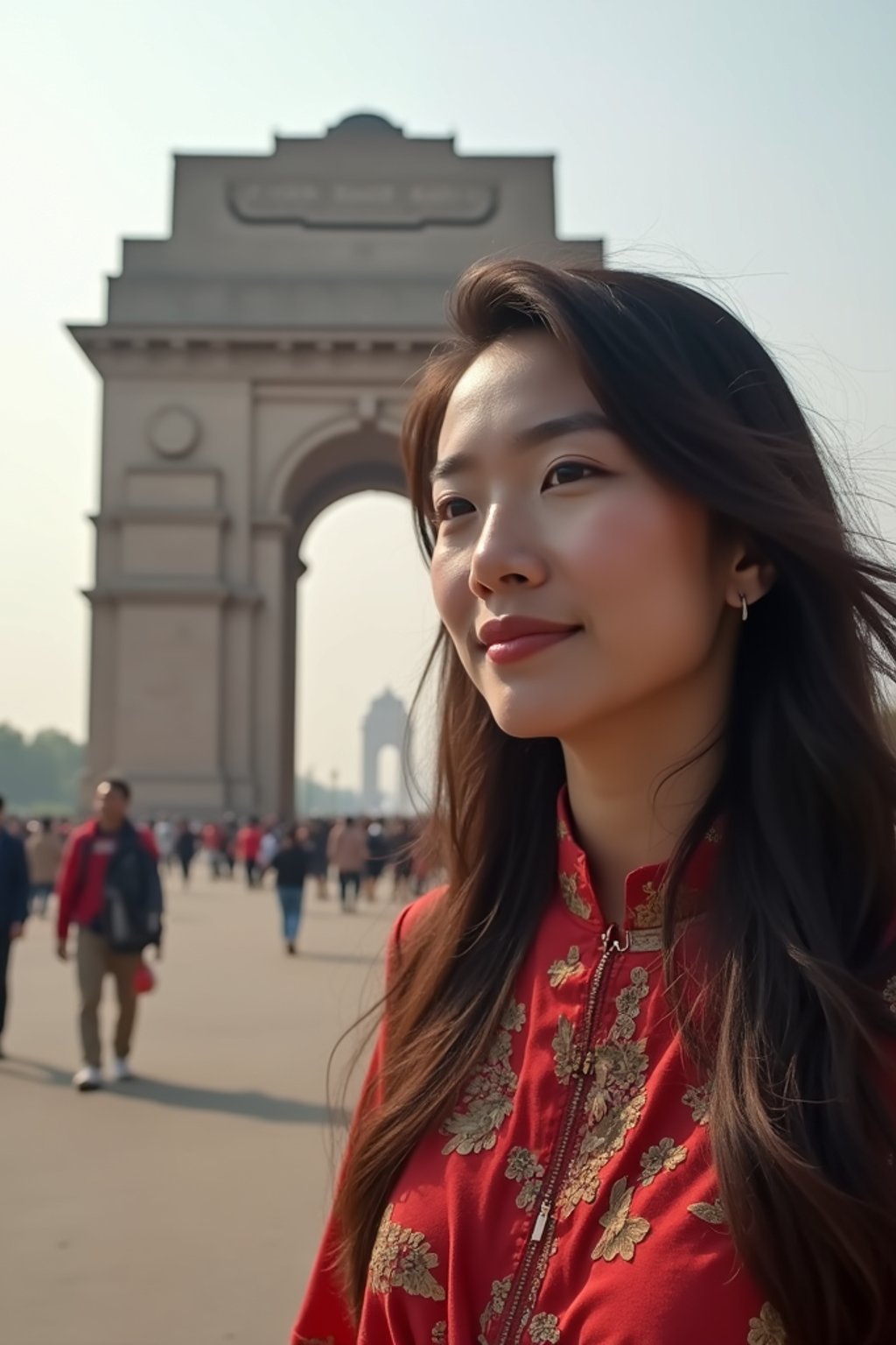 woman in Delhi with the India Gate in the background