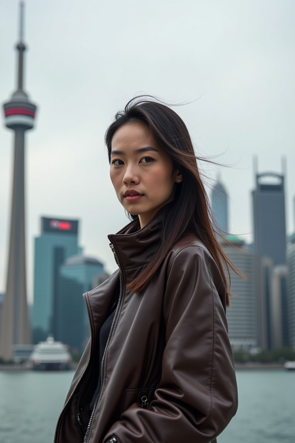 woman in Toronto with the CN Tower in the background