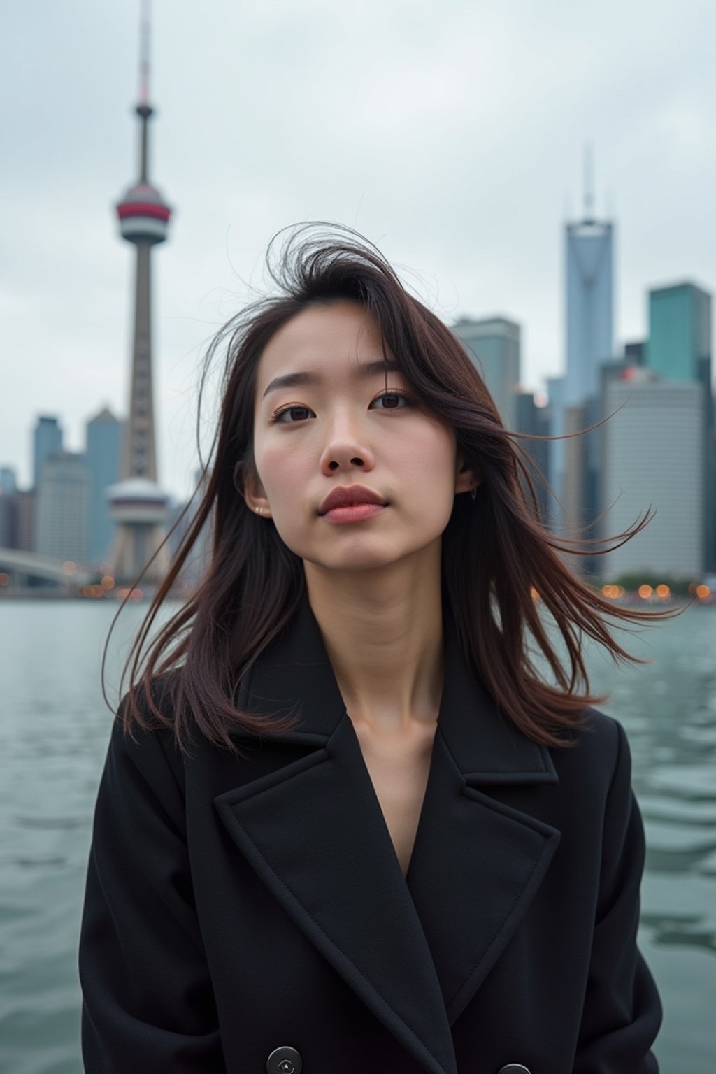 woman in Toronto with the CN Tower in the background