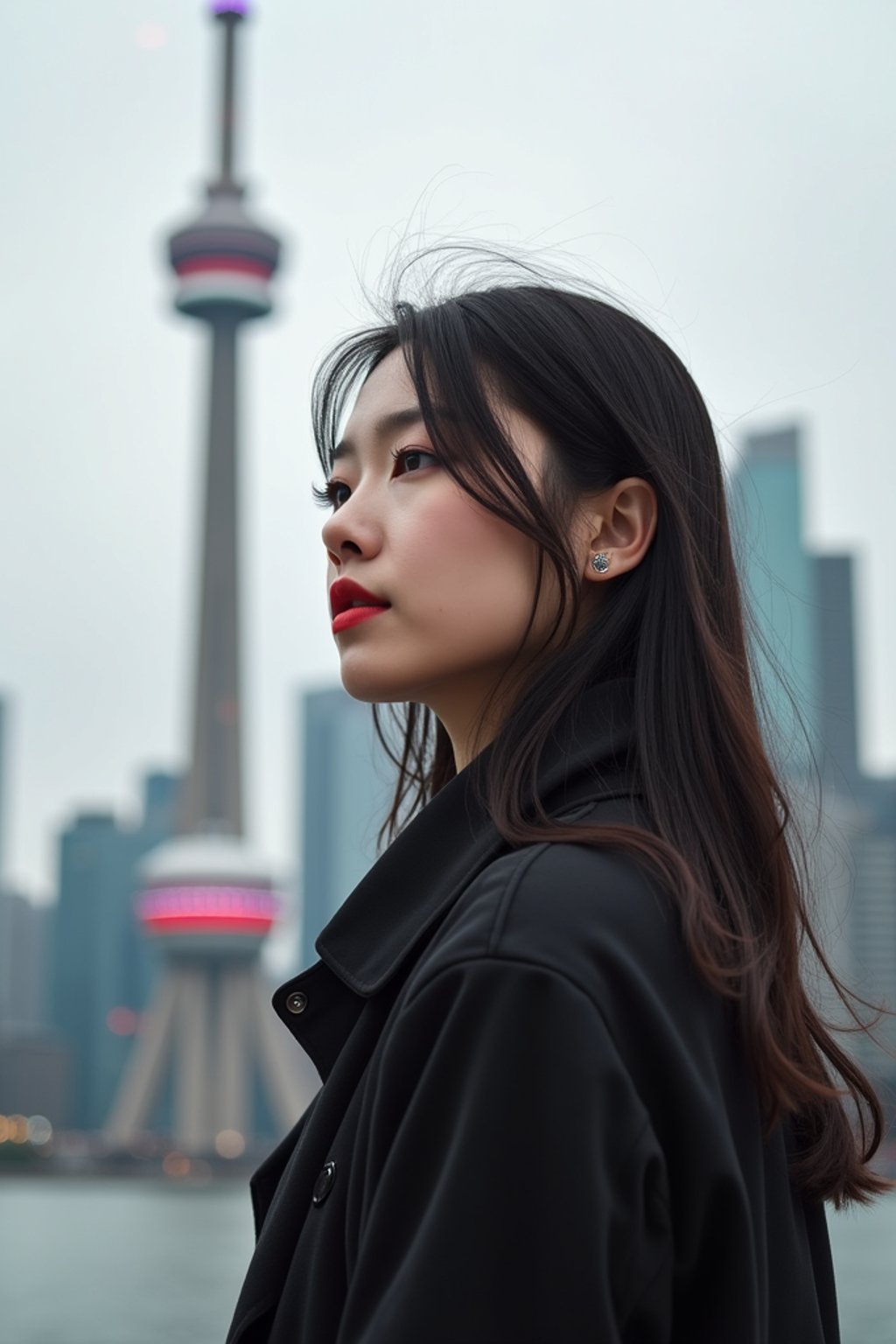 woman in Toronto with the CN Tower in the background