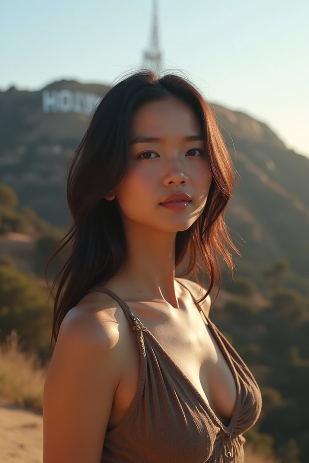 woman in Los Angeles with the Hollywood sign in the background