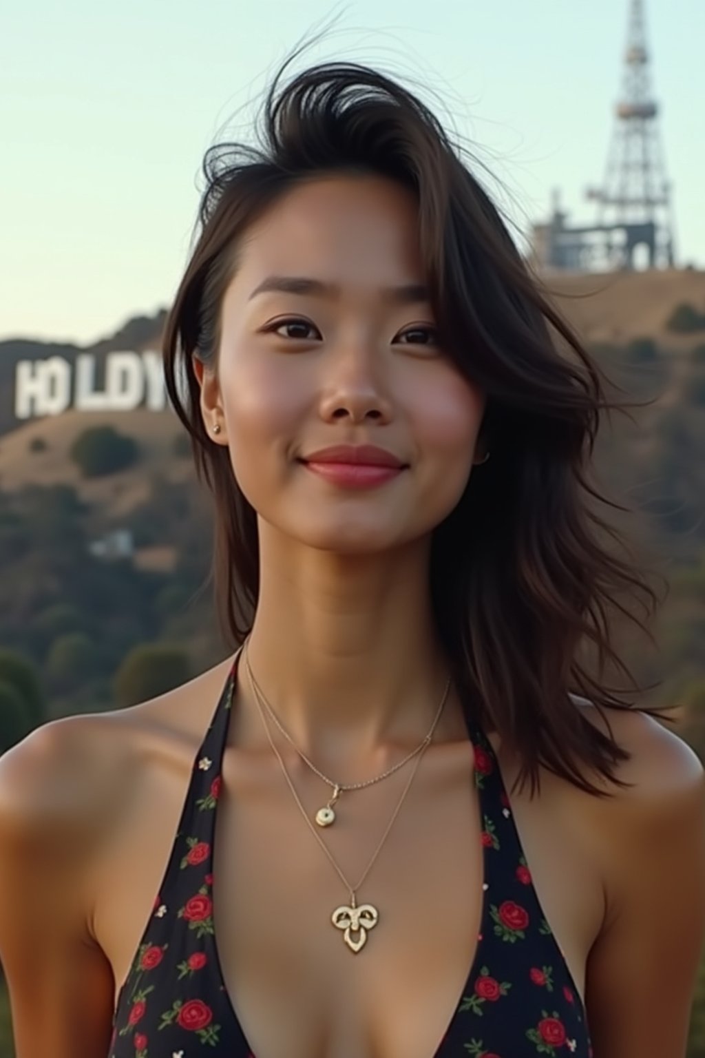 woman in Los Angeles with the Hollywood sign in the background