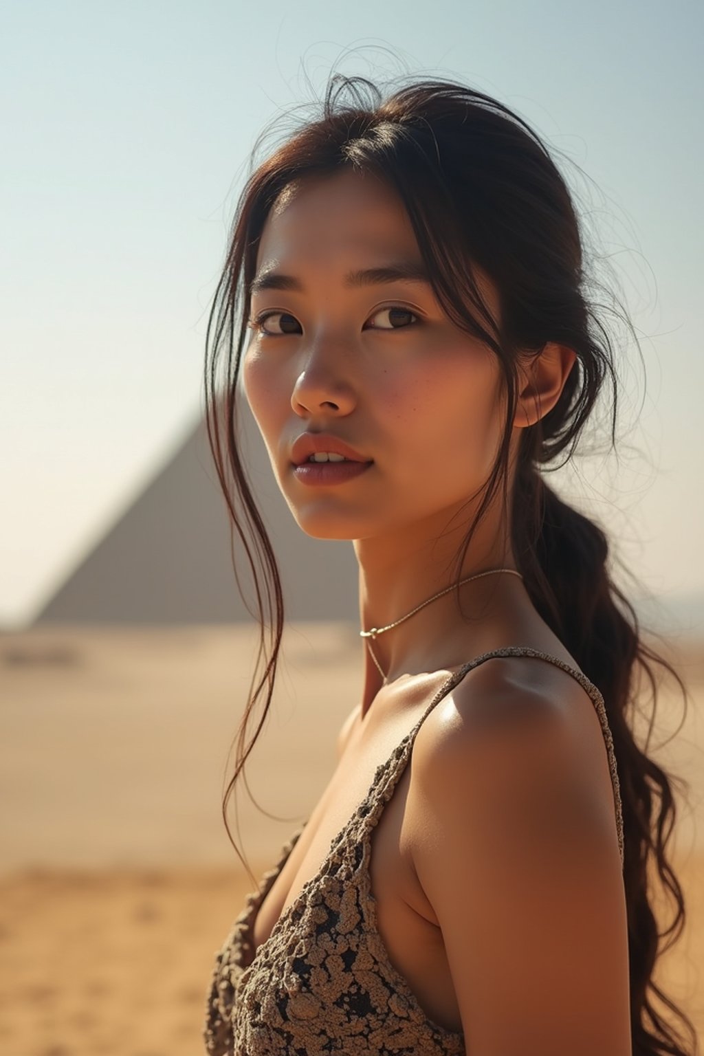 woman in Cairo with the Pyramids of Giza in the background