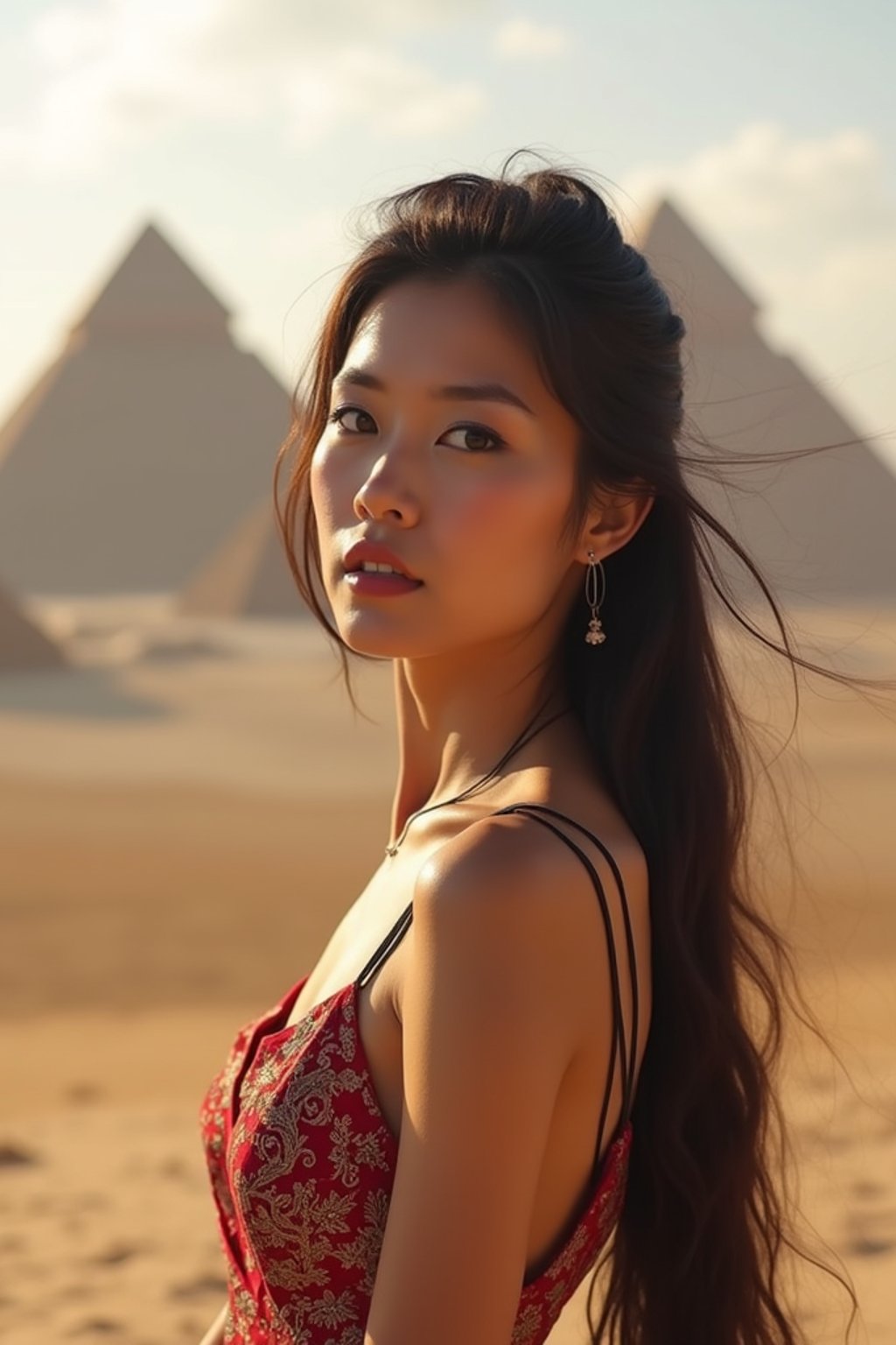 woman in Cairo with the Pyramids of Giza in the background