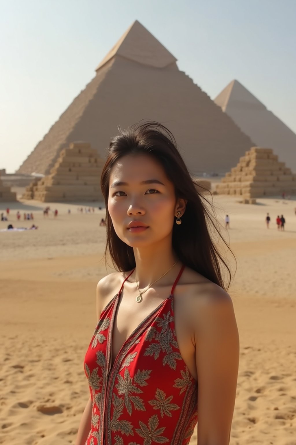 woman in Cairo with the Pyramids of Giza in the background