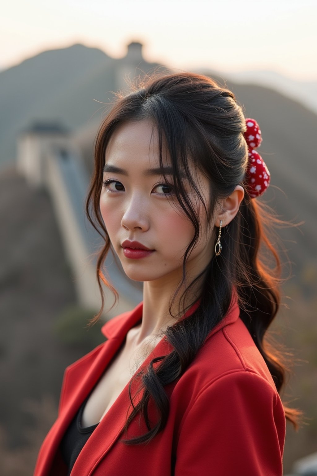 woman in Beijing with the Great Wall in the background