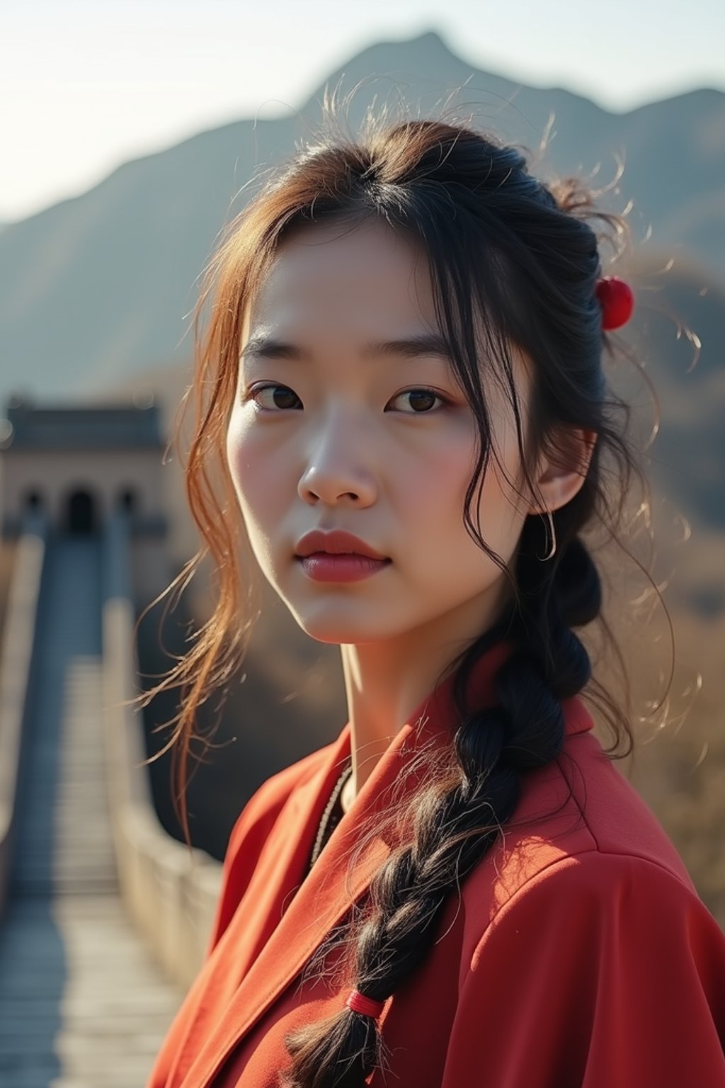 woman in Beijing with the Great Wall in the background