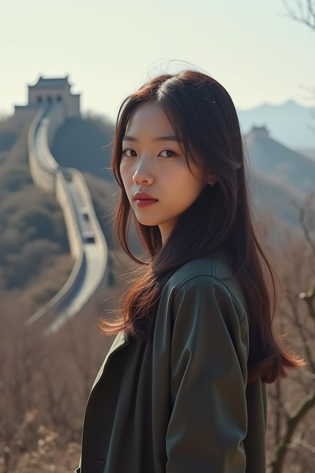 woman in Beijing with the Great Wall in the background