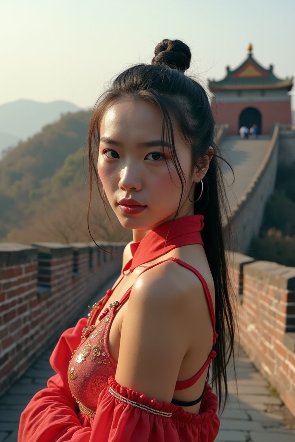 woman in Beijing with the Great Wall in the background