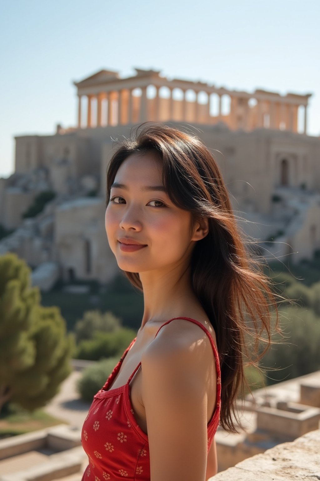 woman in Athens with the Acropolis in the background