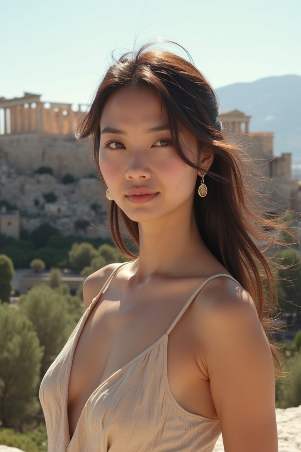 woman in Athens with the Acropolis in the background