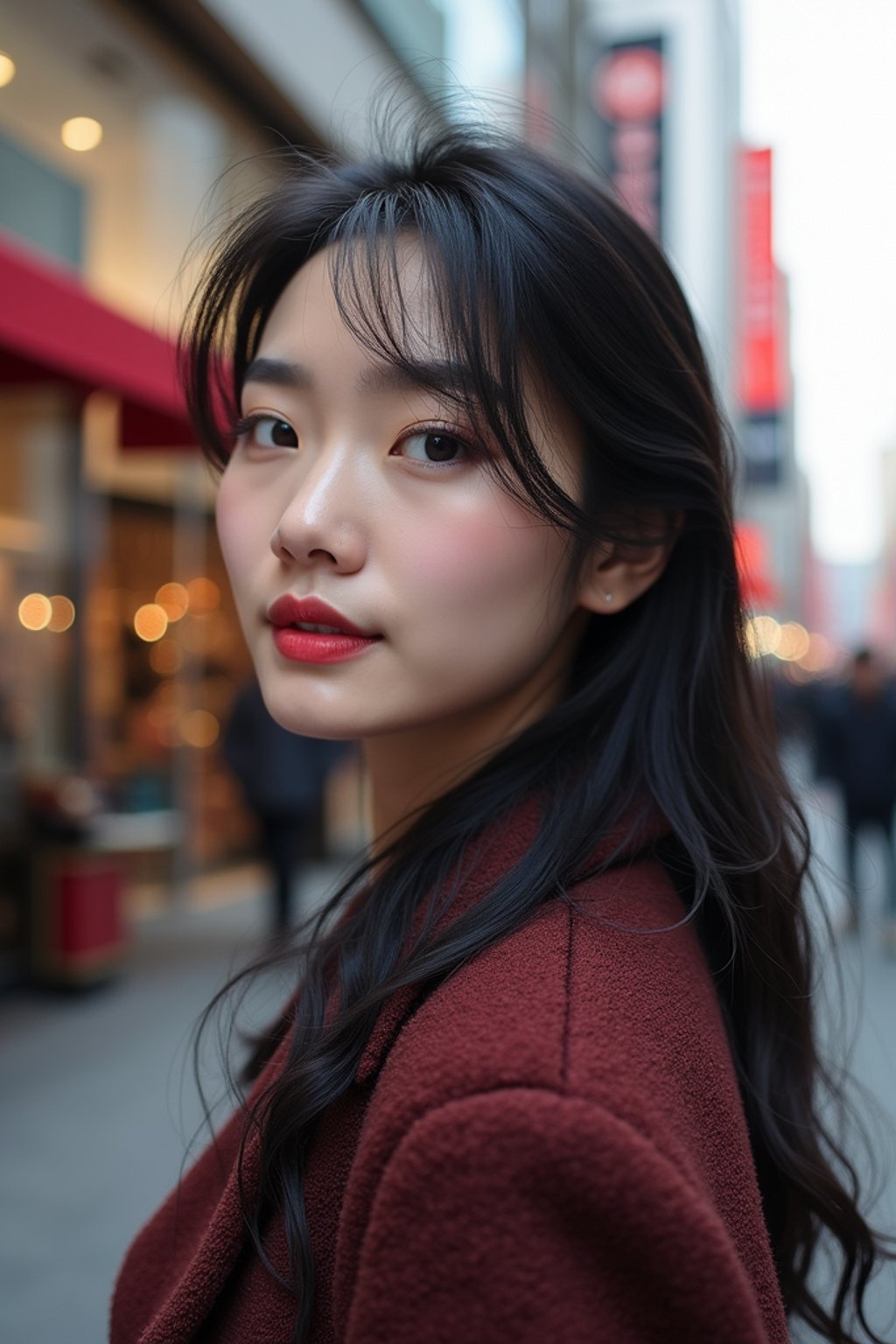 woman in Seoul in Gangnam in Cheongdamdong Luxury Shopping street. stores visible in background