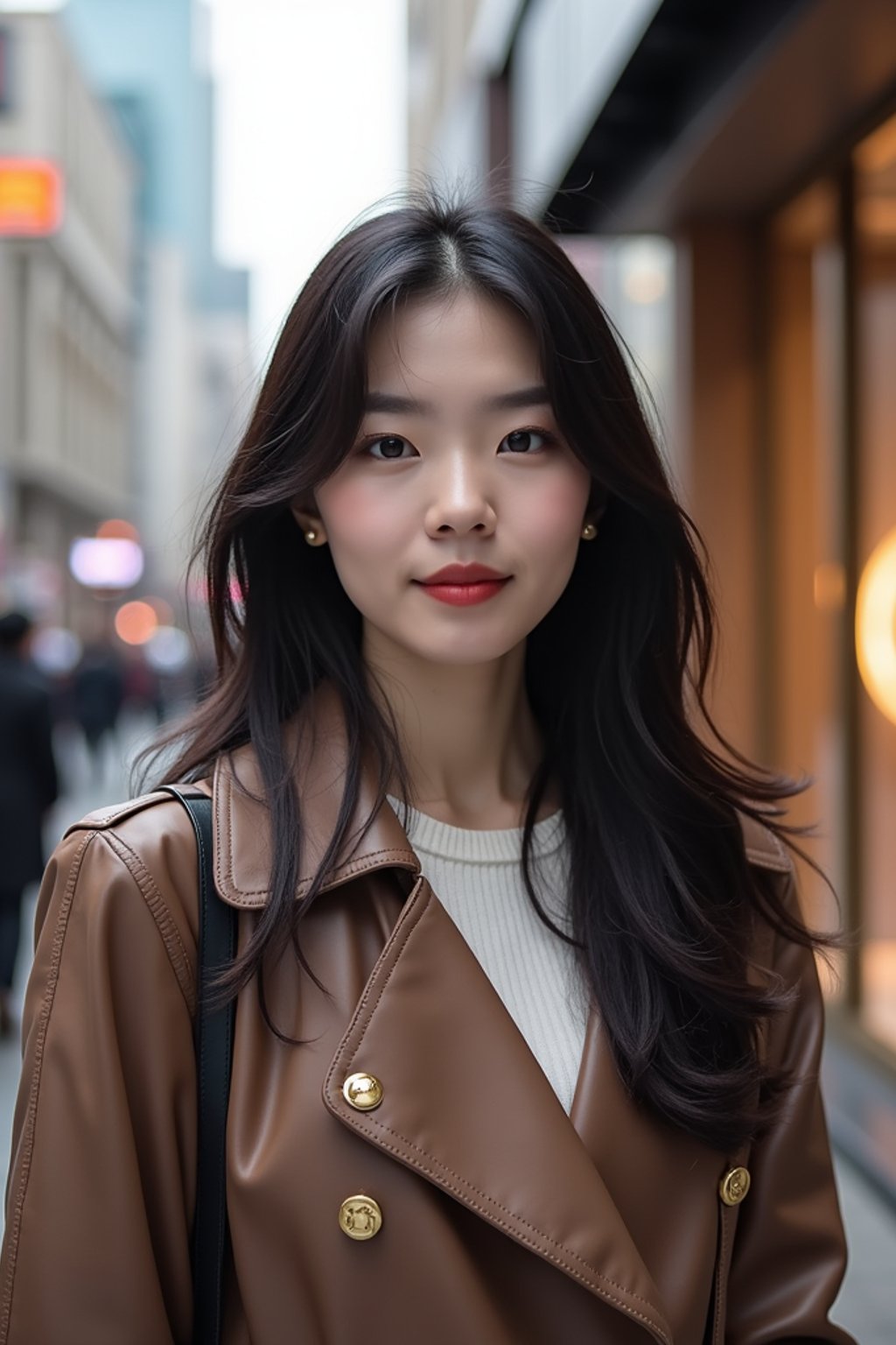 woman in Seoul in Gangnam in Cheongdamdong Luxury Shopping street. stores visible in background