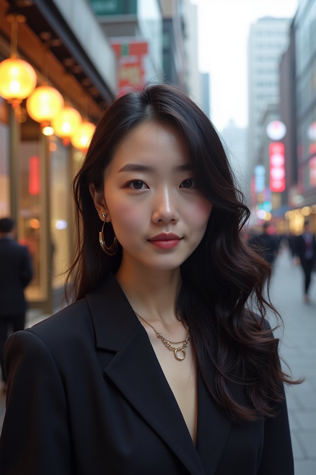 woman in Seoul in Gangnam in Cheongdamdong Luxury Shopping street. stores visible in background