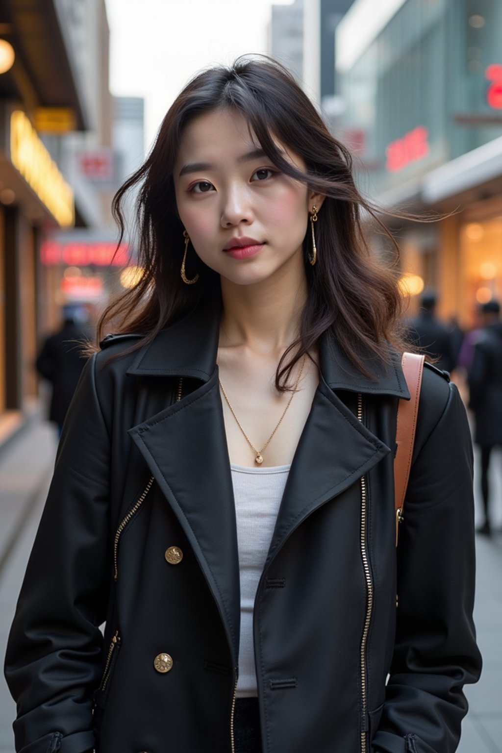 woman in Seoul in Gangnam in Cheongdamdong Luxury Shopping street. stores visible in background