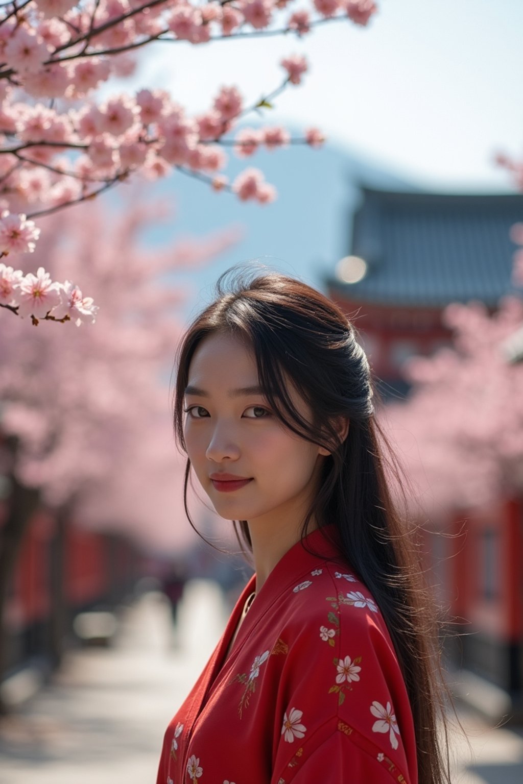 woman in Japan with Japanese Cherry Blossom Trees and Japanese temples in background