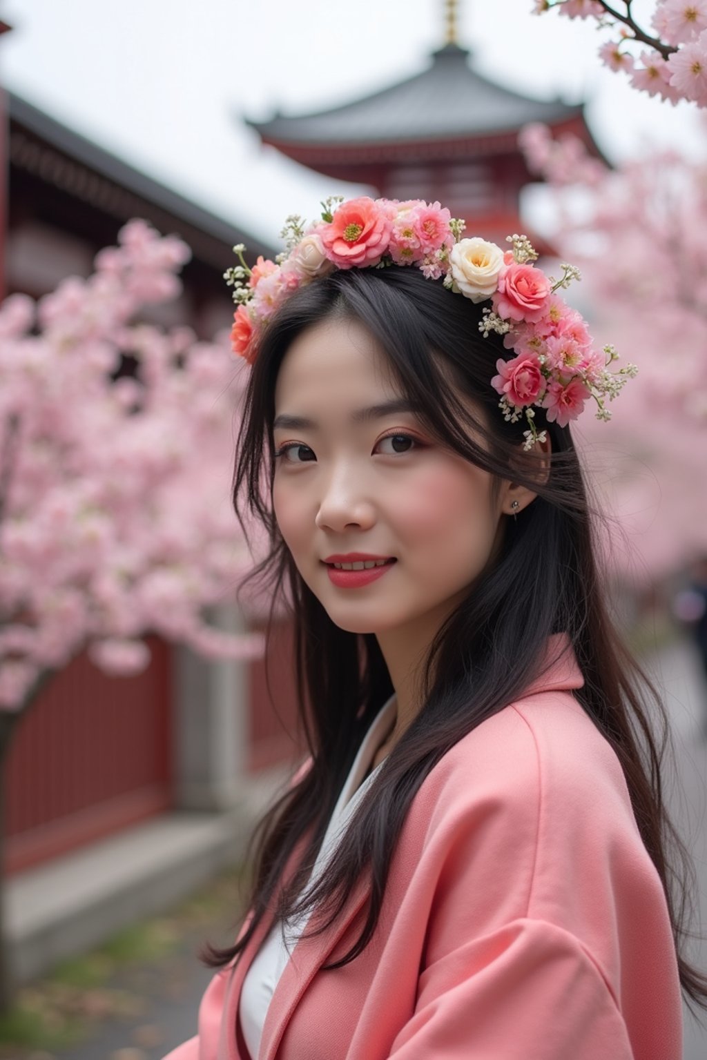 woman in Japan with Japanese Cherry Blossom Trees and Japanese temples in background