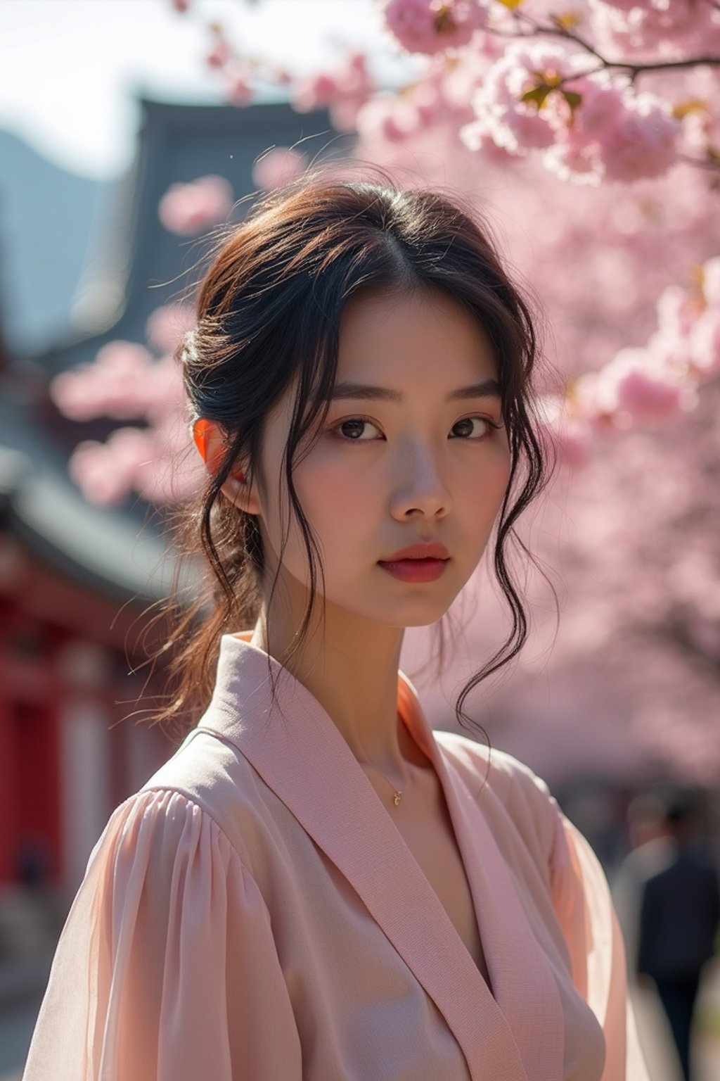 woman in Japan with Japanese Cherry Blossom Trees and Japanese temples in background