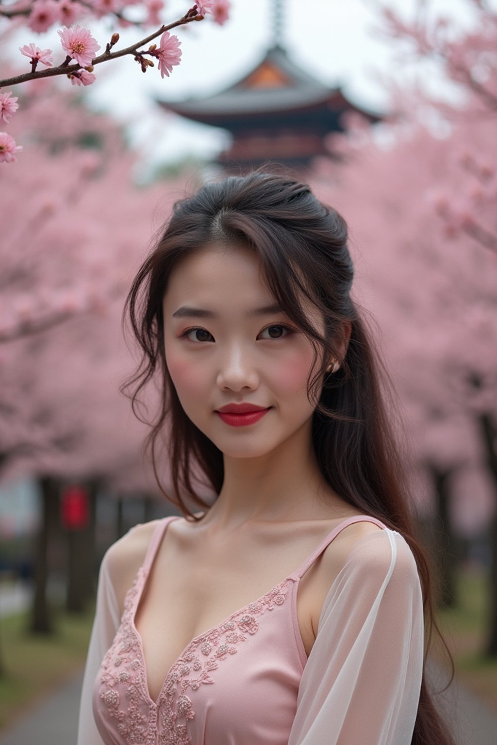 woman in Japan with Japanese Cherry Blossom Trees and Japanese temples in background