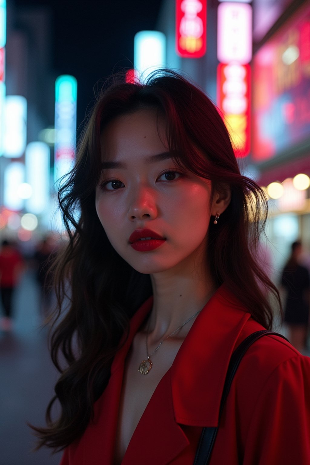 woman in Tokyo at night with neon lights