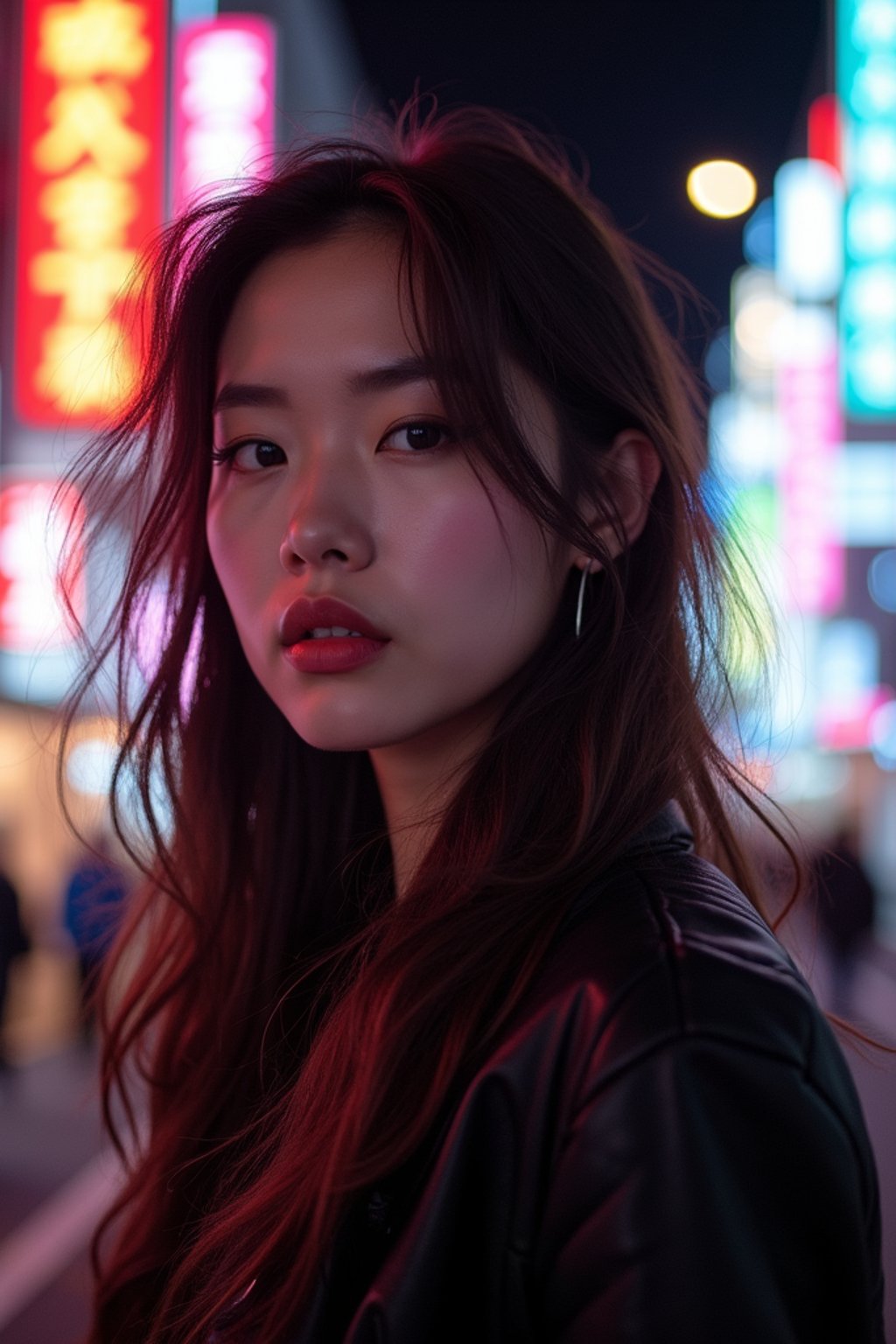 woman in Tokyo at night with neon lights