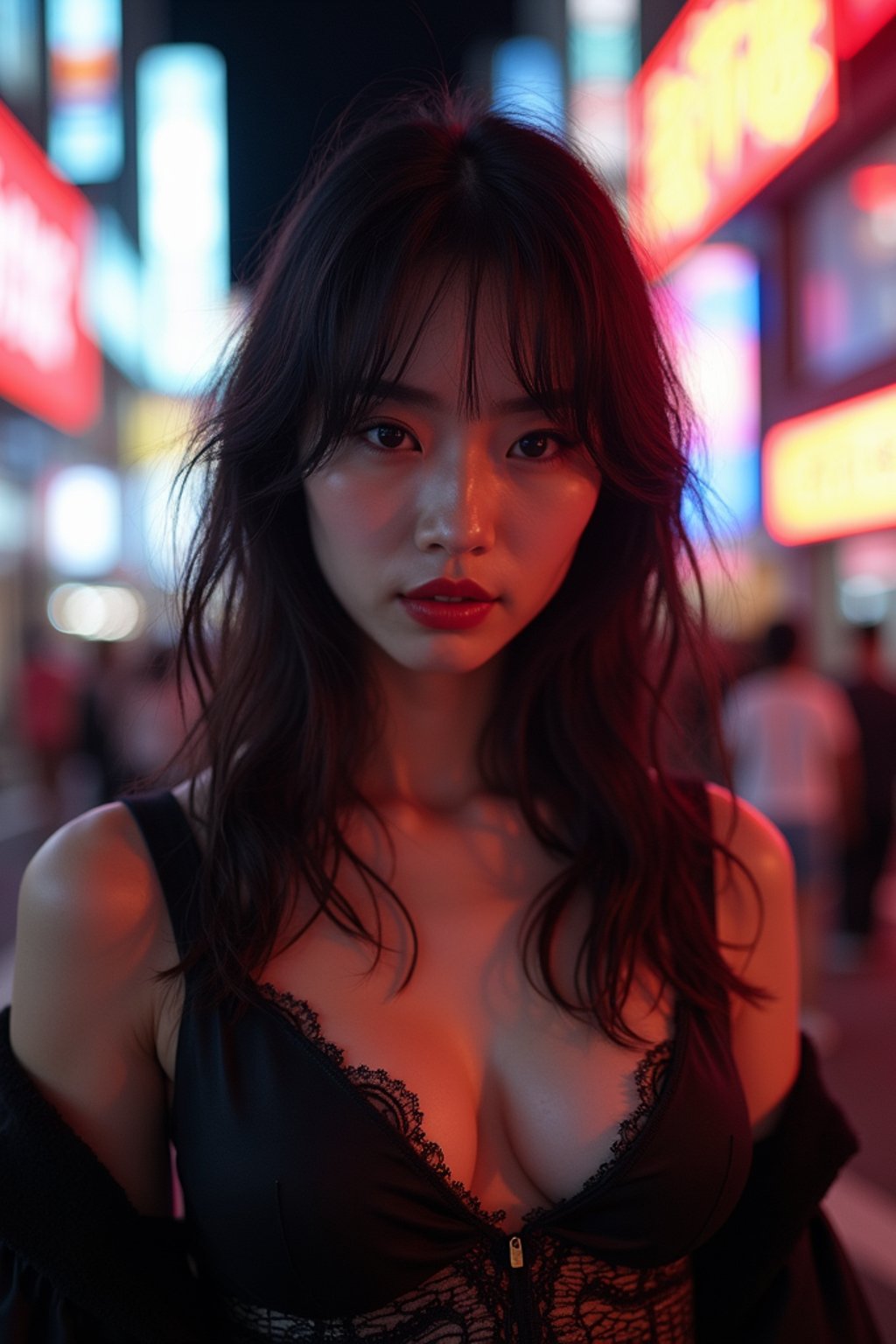 woman in Tokyo at night with neon lights