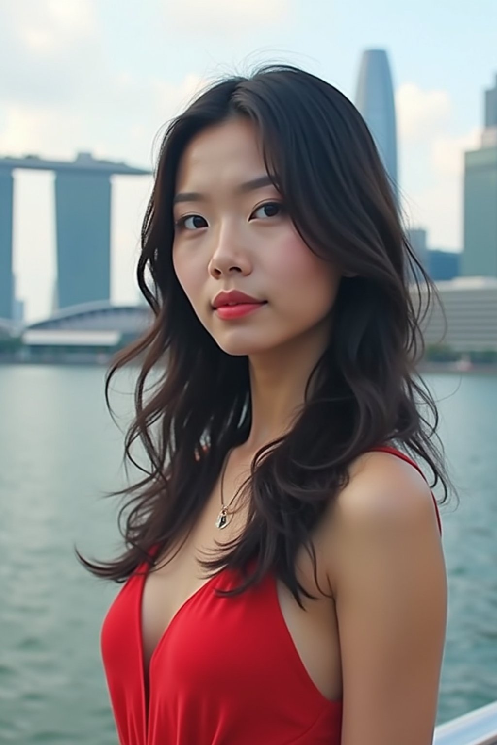 woman in Singapore with Marina Bay Sands in background