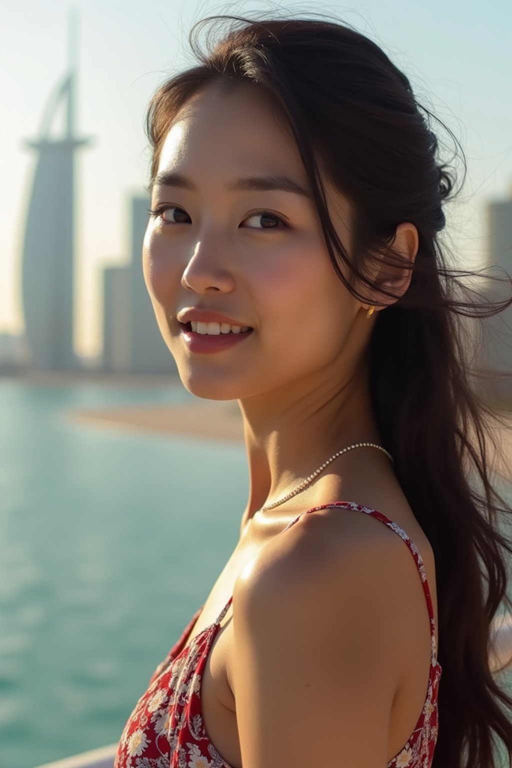 woman in Dubai with skyline in background